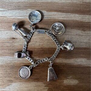 Mexico Vtg Sterling Silver Large 3D Multi Charm Hat Jug Bracelet